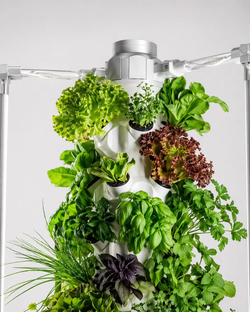 HomeGarden.bio Pflanzenturm voller Bio-Kräuter und Salate — Basilikum, Petersilie, Schnittlauch, verschiedene Salate